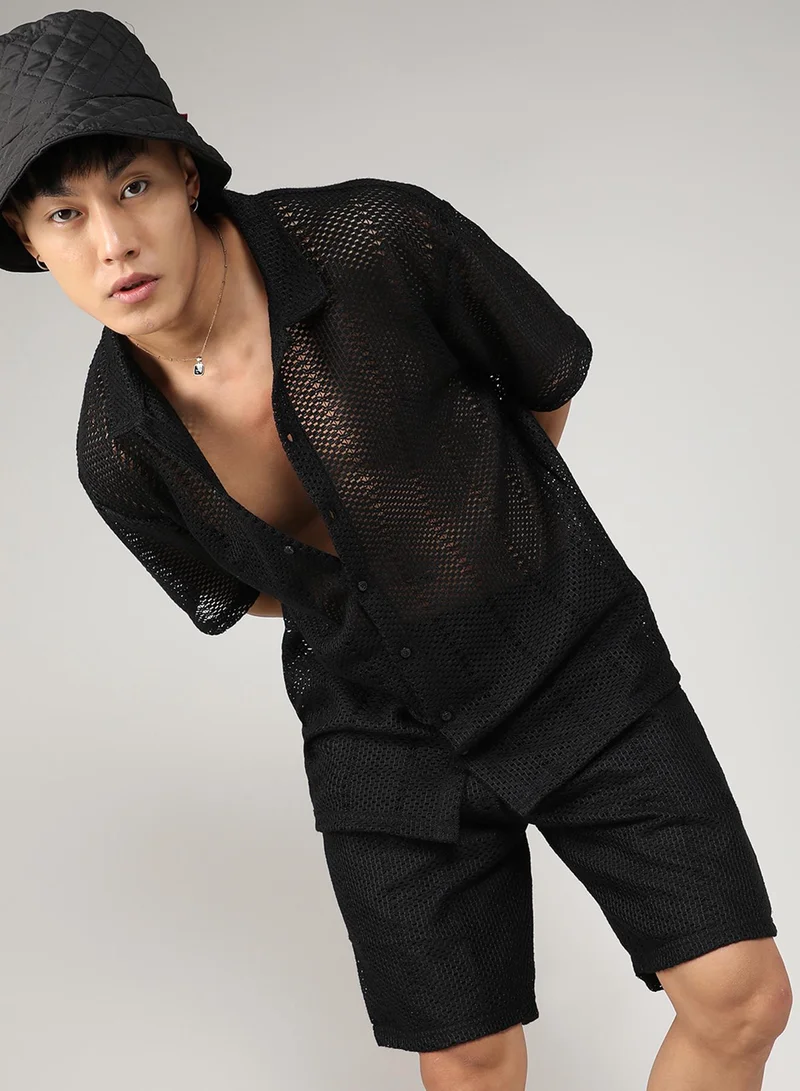 Campus Sutra Men's Onyx Black Crochet Co-Ord Set For Casual Wear | Spread Collar | Short Sleeve | Button Closure | Co-Ords Crafted With Comfort Fit For Everyday Wear